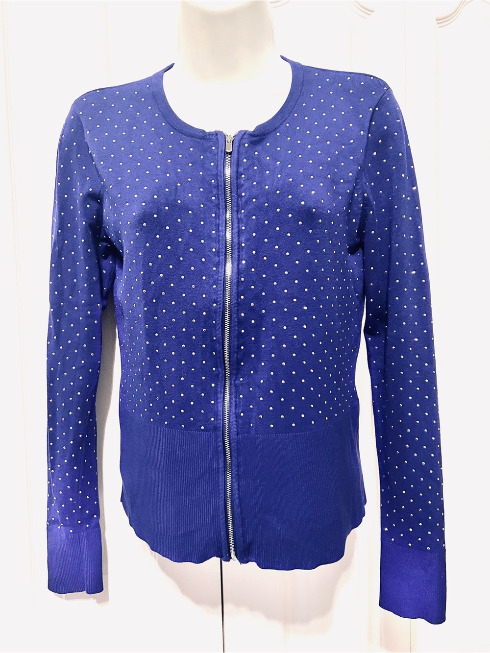 Cache Royal Blue Zip-Front Cardigan-Silver Studs-Small-Long Sleeve Stretch-Casau